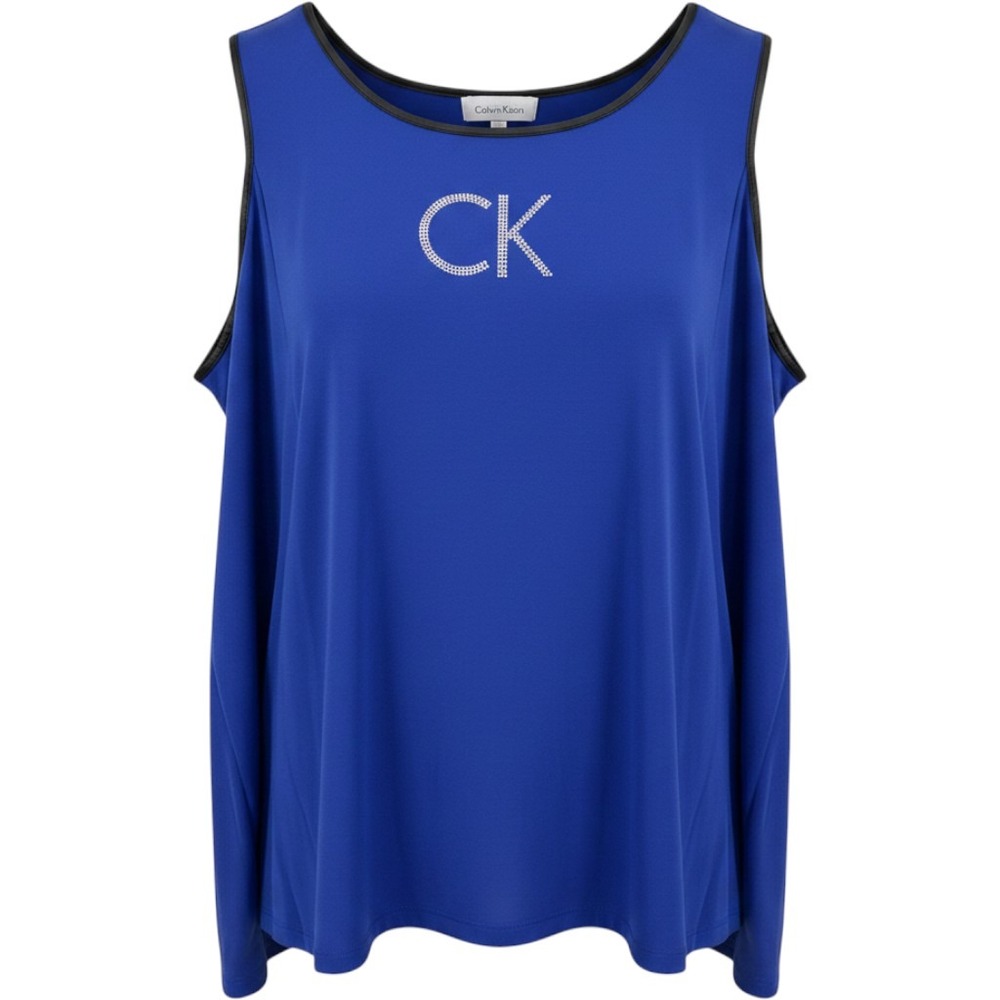 Calvin Klein Cold Shoulder Top Womens Large Blue Excellent Rhinestone CK Logo